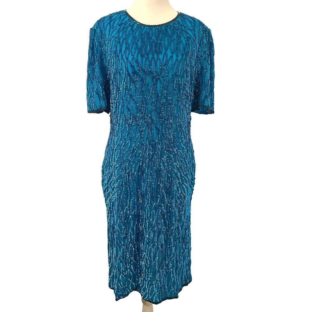 Vintage Laurence Kazar Sequin Sheath Dress L Silk Blue Beaded Party Costume 80s